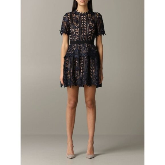 Self-Portrait Navy Blue Macrame Lace A-Line Dress UK 10 US 6 - Picture 1 of 4